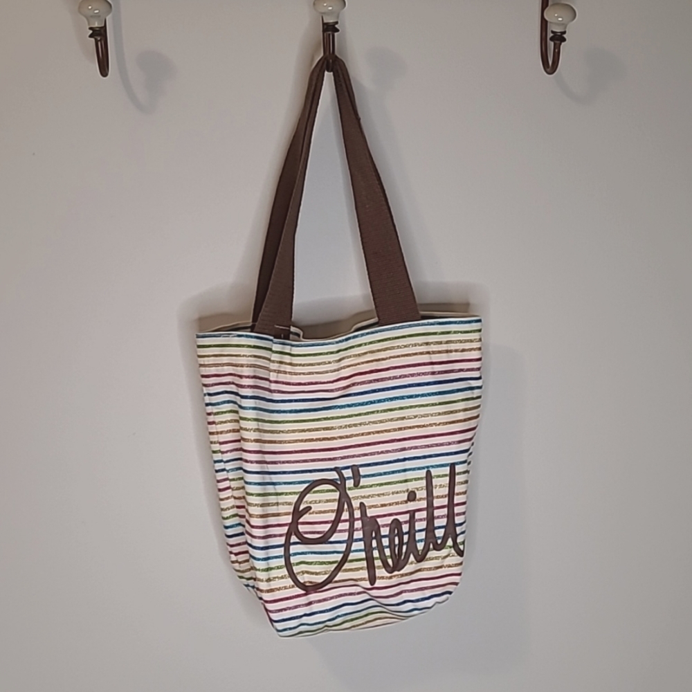 O'neill Canvas Striped Bag Colorful Glittering Stripes, Brown Canvas Strap